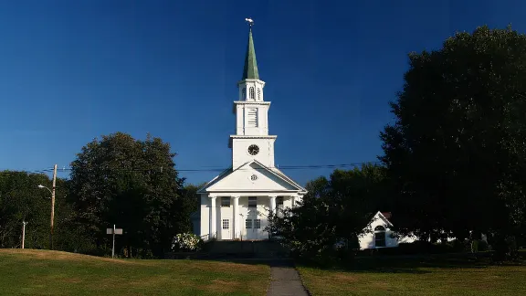 White clapboard church with a green steeple on the town common, Boylston, Massachusetts