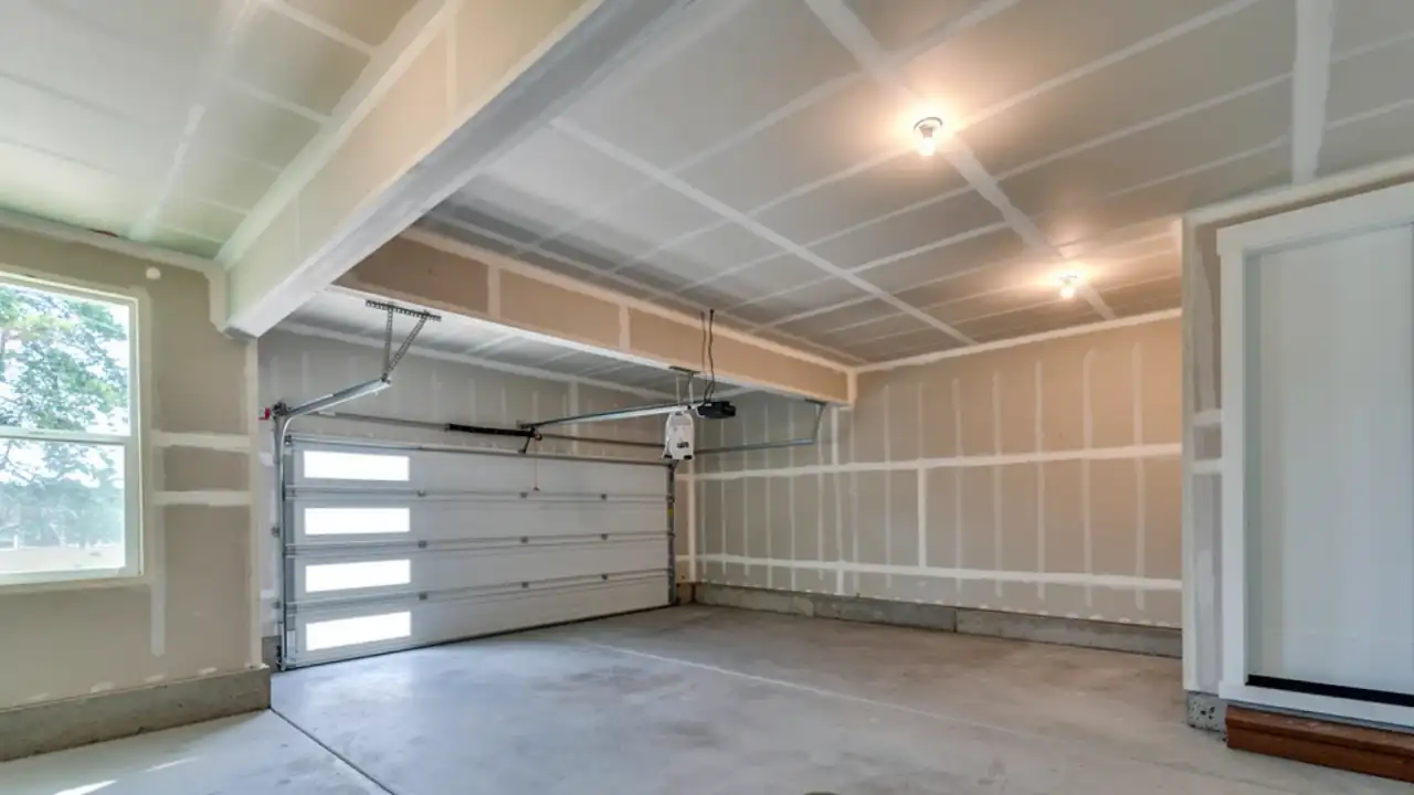 Garage interior with the walls and ceiling drywalled and taped, overhead door closed and a door through to the house