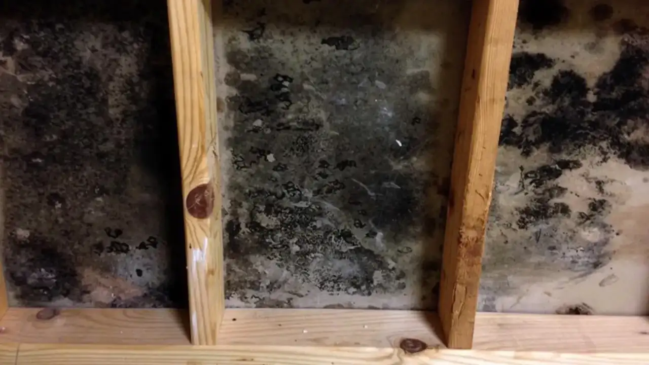 Dense mould growth across a wall cavity surface between bare wooden studs