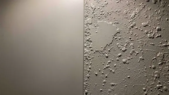 A smooth painted wall meeting a knockdown texture along a vertical line in raking light